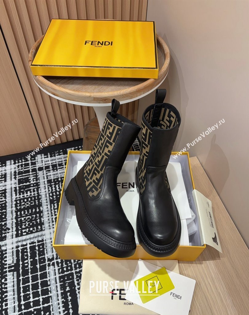 Fendi Domino Platform Ankle Short Boots in Leather and Knit Black/Brown 1 2024 0930 (MD-240930107)