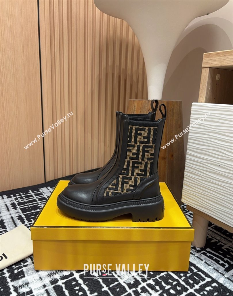 Fendi Domino Platform Ankle Short Boots in Leather and Knit Black/Brown 2 2024 0930 (MD-240930108)