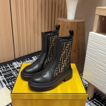 Fendi Domino Platform Ankle Short Boots in Leather and Knit Black/Brown 2 2024 0930 (MD-240930108)