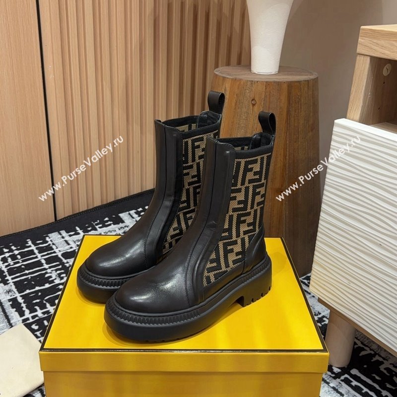 Fendi Domino Platform Ankle Short Boots in Leather and Knit Black/Brown 2 2024 0930 (MD-240930108)