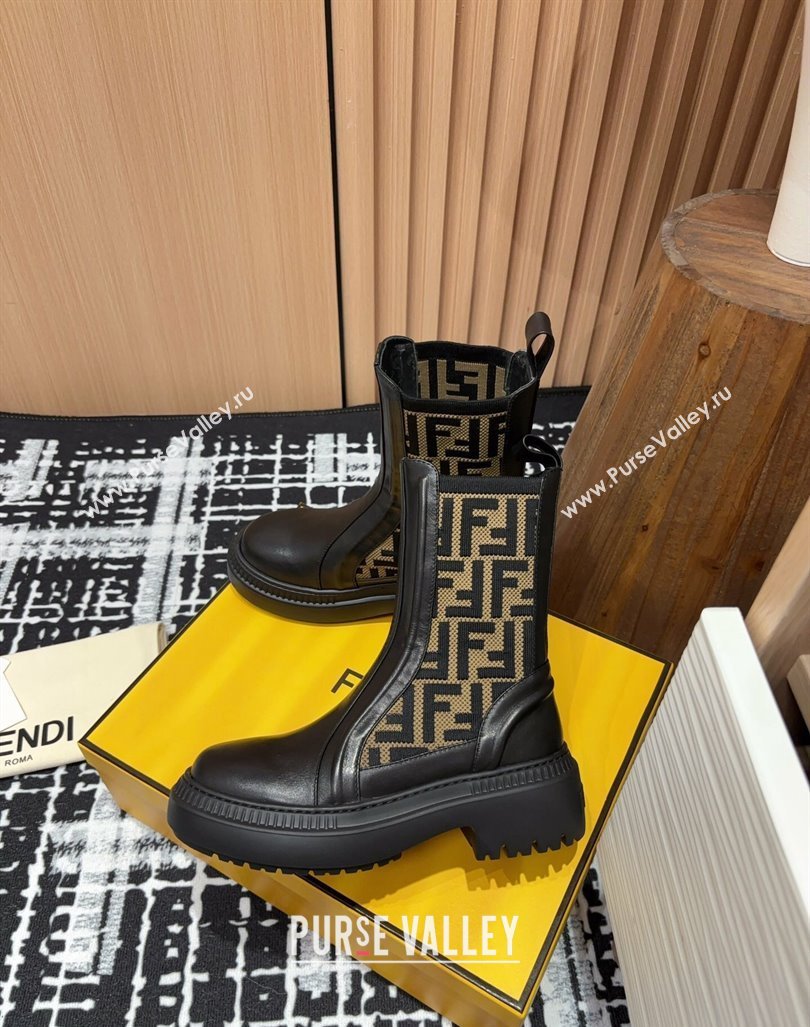 Fendi Domino Platform Ankle Short Boots in Leather and Knit Black/Brown 2 2024 0930 (MD-240930108)