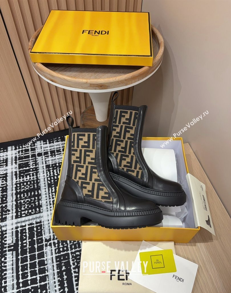 Fendi Domino Platform Ankle Short Boots in Leather and Knit Black/Brown 2 2024 0930 (MD-240930108)