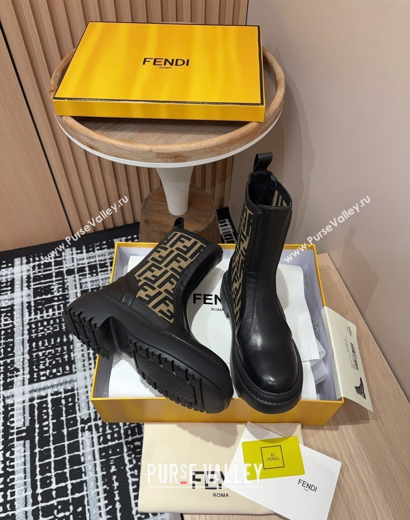 Fendi Domino Platform Ankle Short Boots in Leather and Knit Black/Brown 2 2024 0930 (MD-240930108)