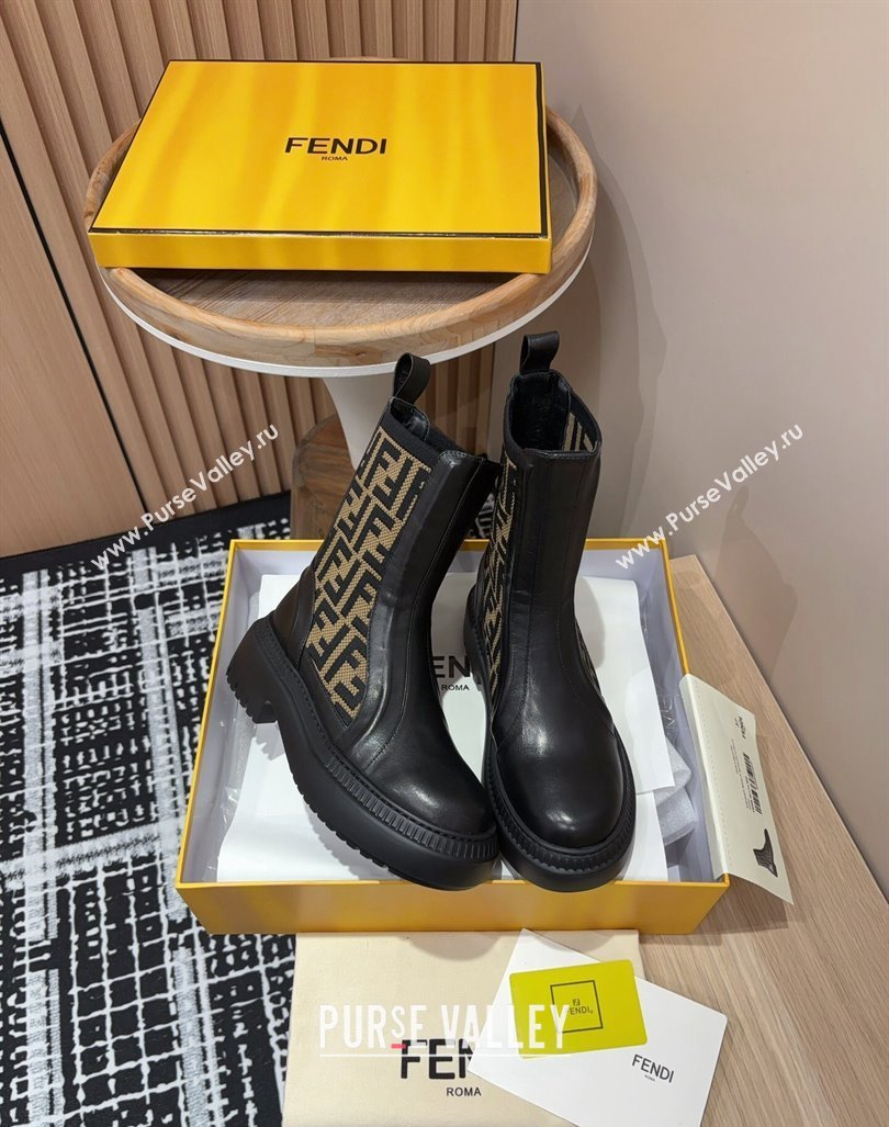 Fendi Domino Platform Ankle Short Boots in Leather and Knit Black/Brown 2 2024 0930 (MD-240930108)