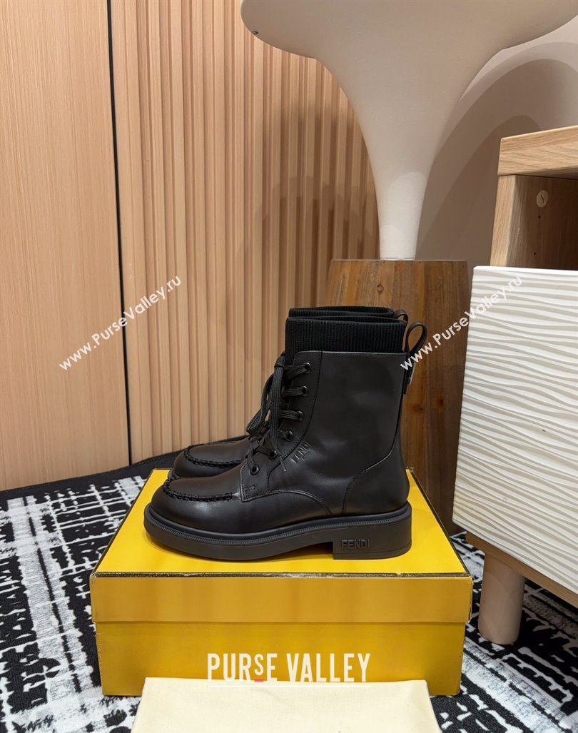 Fendi Filo Ankle Lace-up Boots in Leather and Knit All Black 2024 0930 (MD-240930109)