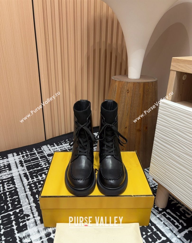 Fendi Filo Ankle Lace-up Boots in Leather and Knit All Black 2024 0930 (MD-240930109)