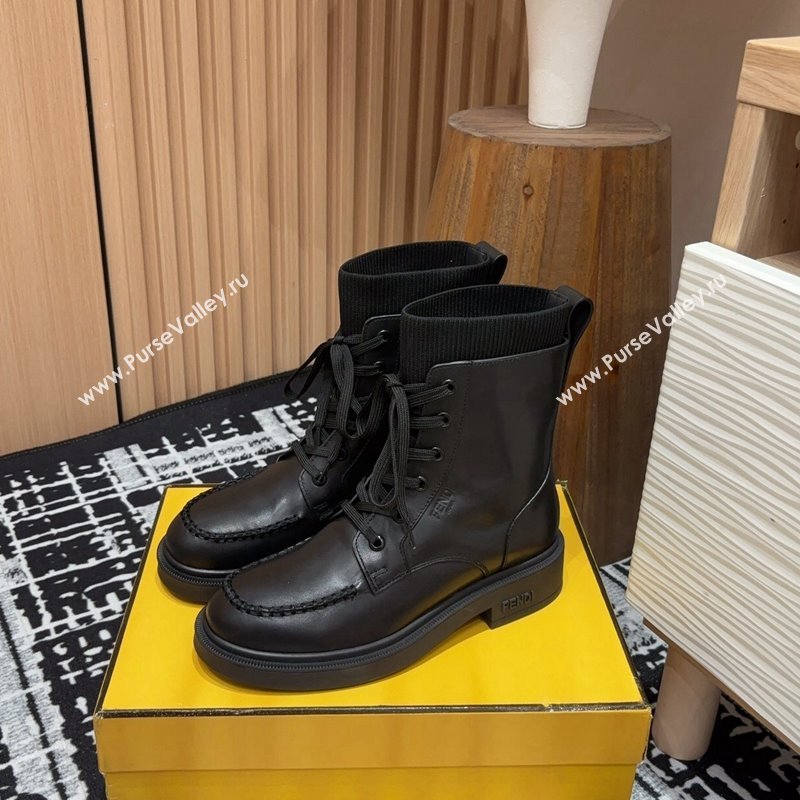 Fendi Filo Ankle Lace-up Boots in Leather and Knit All Black 2024 0930 (MD-240930109)