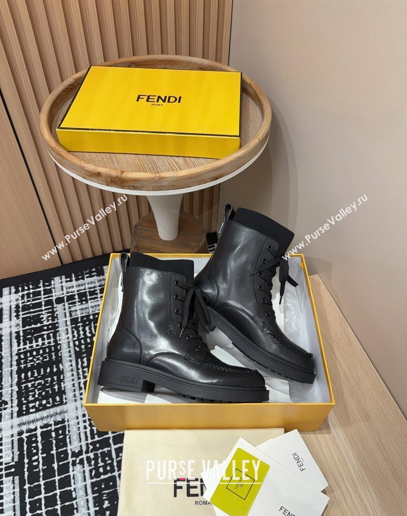 Fendi Filo Ankle Lace-up Boots in Leather and Knit All Black 2024 0930 (MD-240930109)