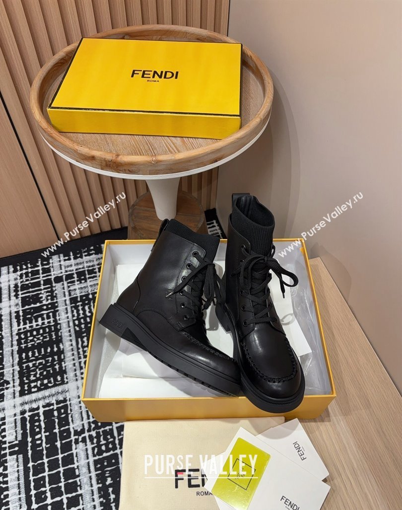 Fendi Filo Ankle Lace-up Boots in Leather and Knit All Black 2024 0930 (MD-240930109)