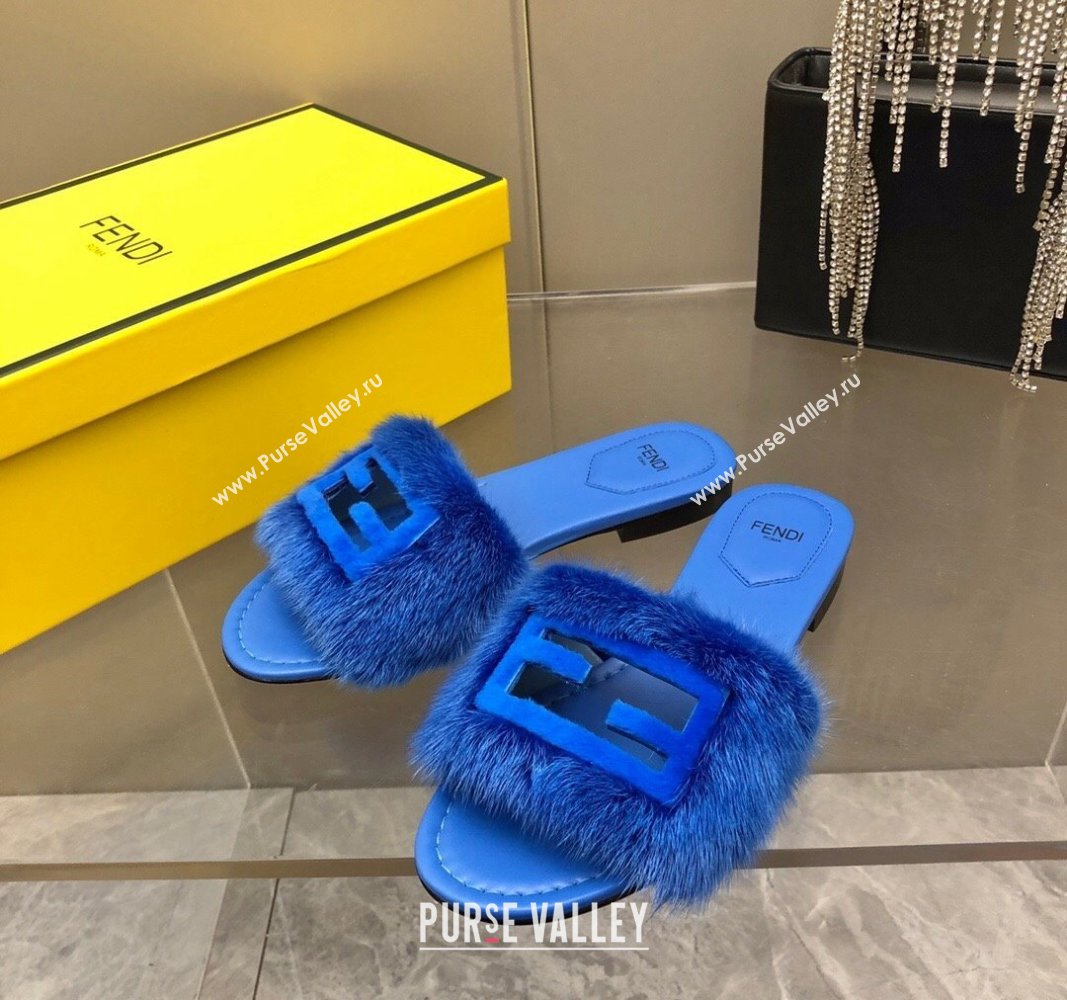 Fendi Baguette Flat Slides Sandal in Mink Fur Blue2 2024 0930 (MD-240930117)