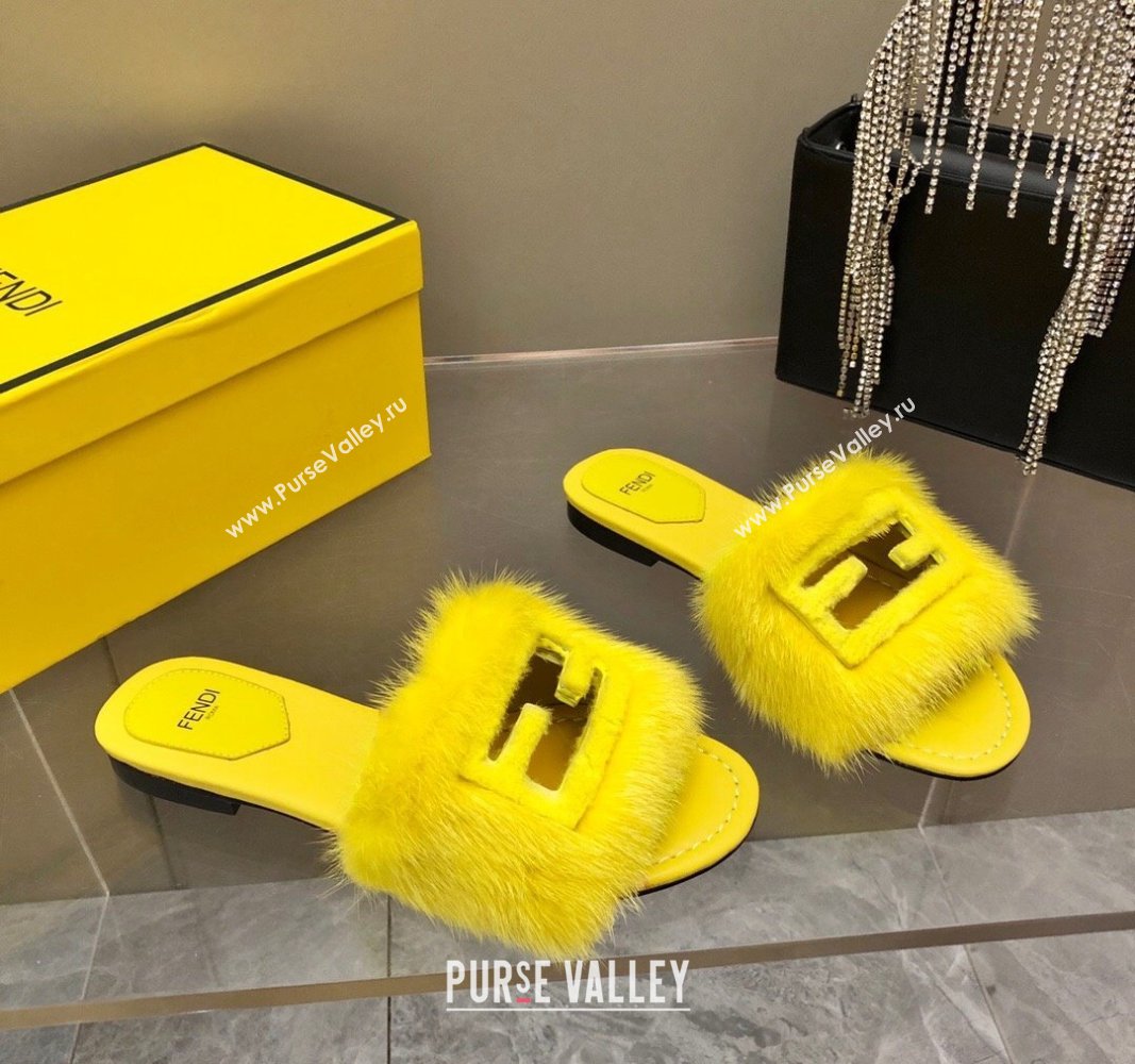 Fendi Baguette Flat Slides Sandal in Mink Fur Yellow 2024 0930 (MD-240930121)