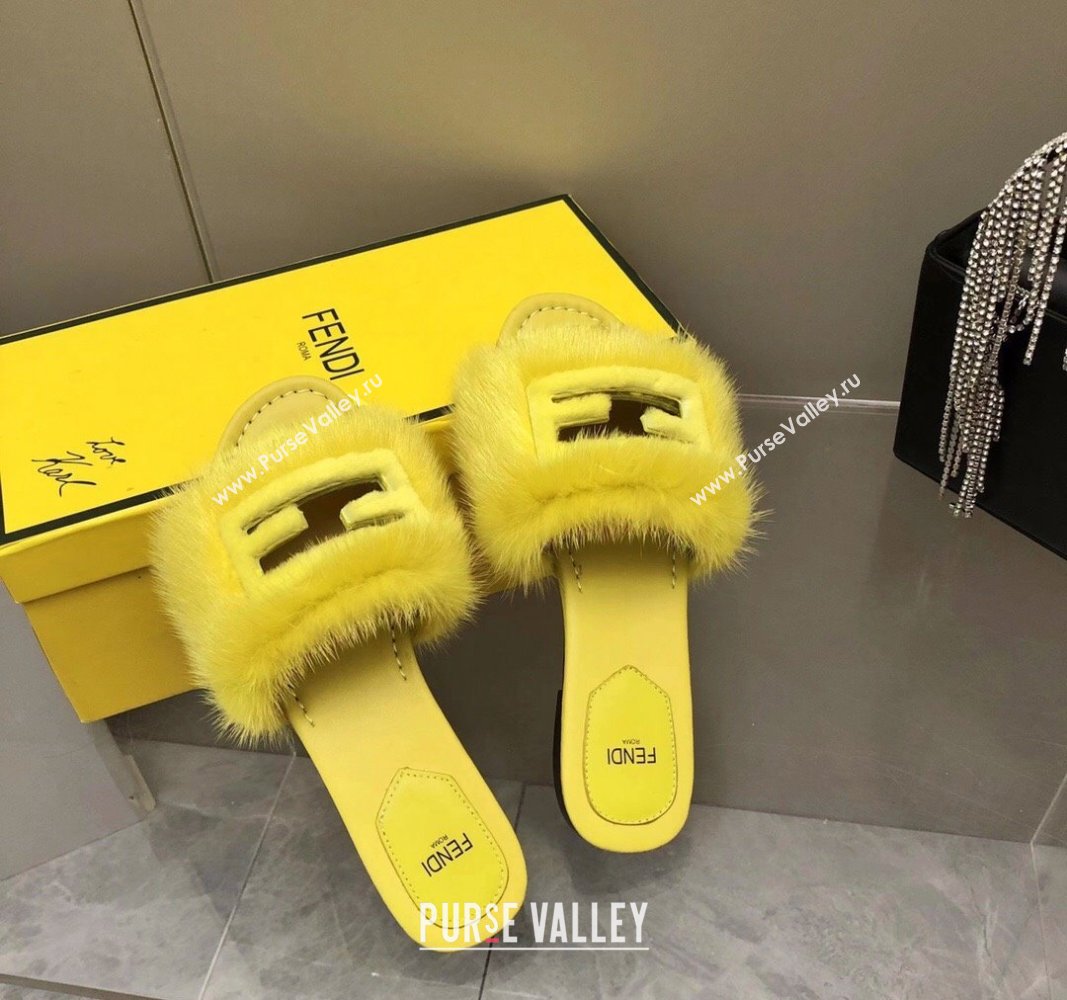 Fendi Baguette Flat Slides Sandal in Mink Fur Yellow 2024 0930 (MD-240930121)