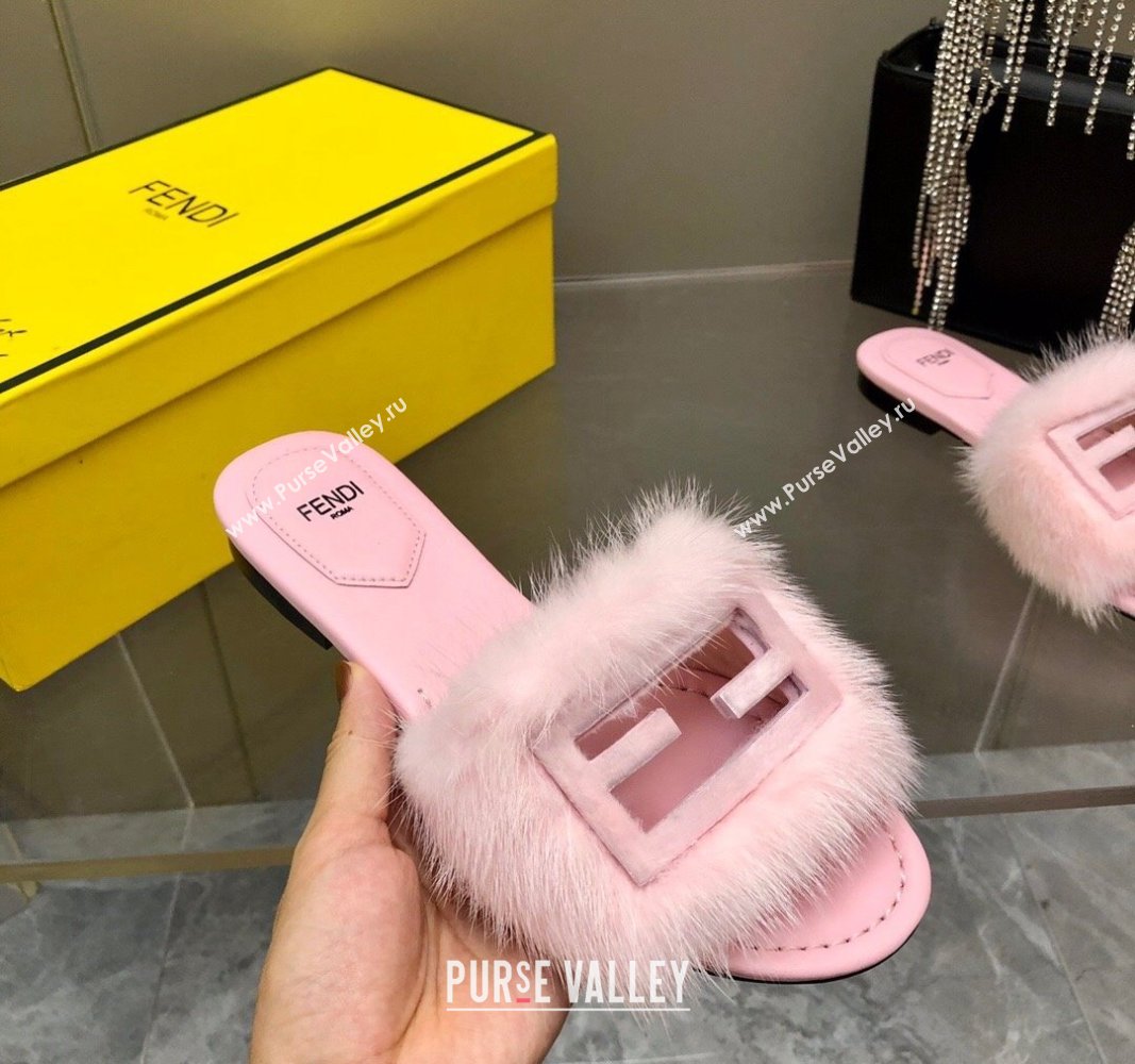 Fendi Baguette Flat Slides Sandal in Mink Fur Light Pink 2024 0930 (MD-240930122)