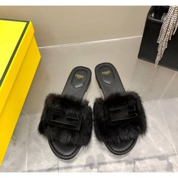 Fendi Baguette Flat Slides Sandal in Mink Fur Black 2024 0930 (MD-240930123)