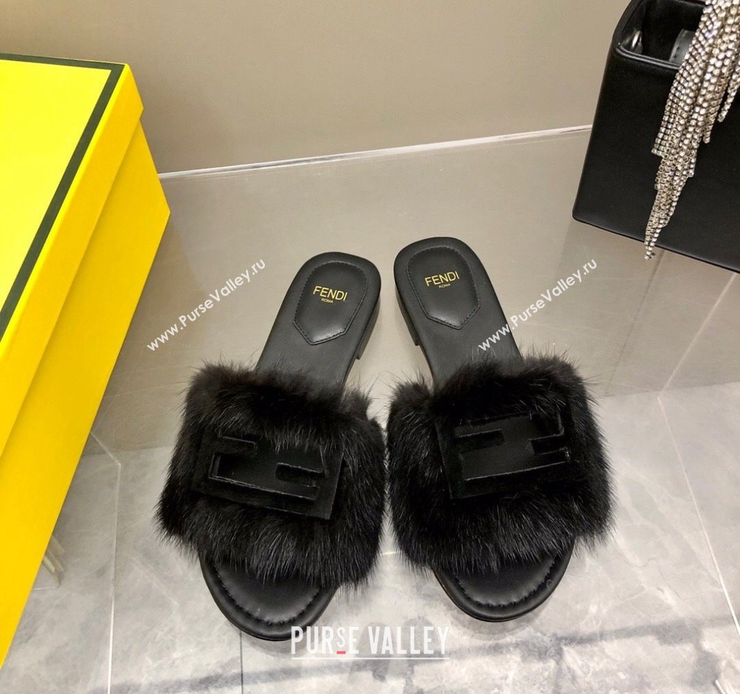 Fendi Baguette Flat Slides Sandal in Mink Fur Black 2024 0930 (MD-240930123)