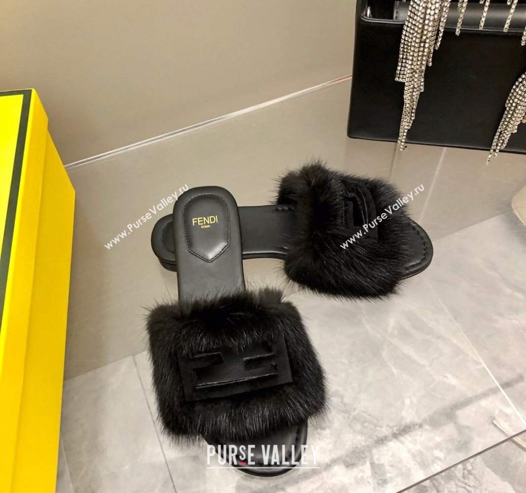 Fendi Baguette Flat Slides Sandal in Mink Fur Black 2024 0930 (MD-240930123)