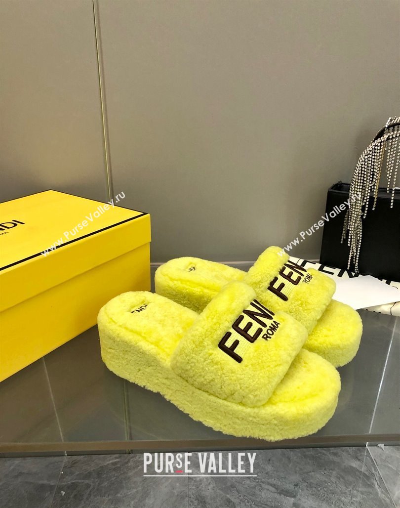 Fendi Sunshine Wedge Slides Sandal 6cm in Shearling Yellow 2024 0930 (MD-240930124)