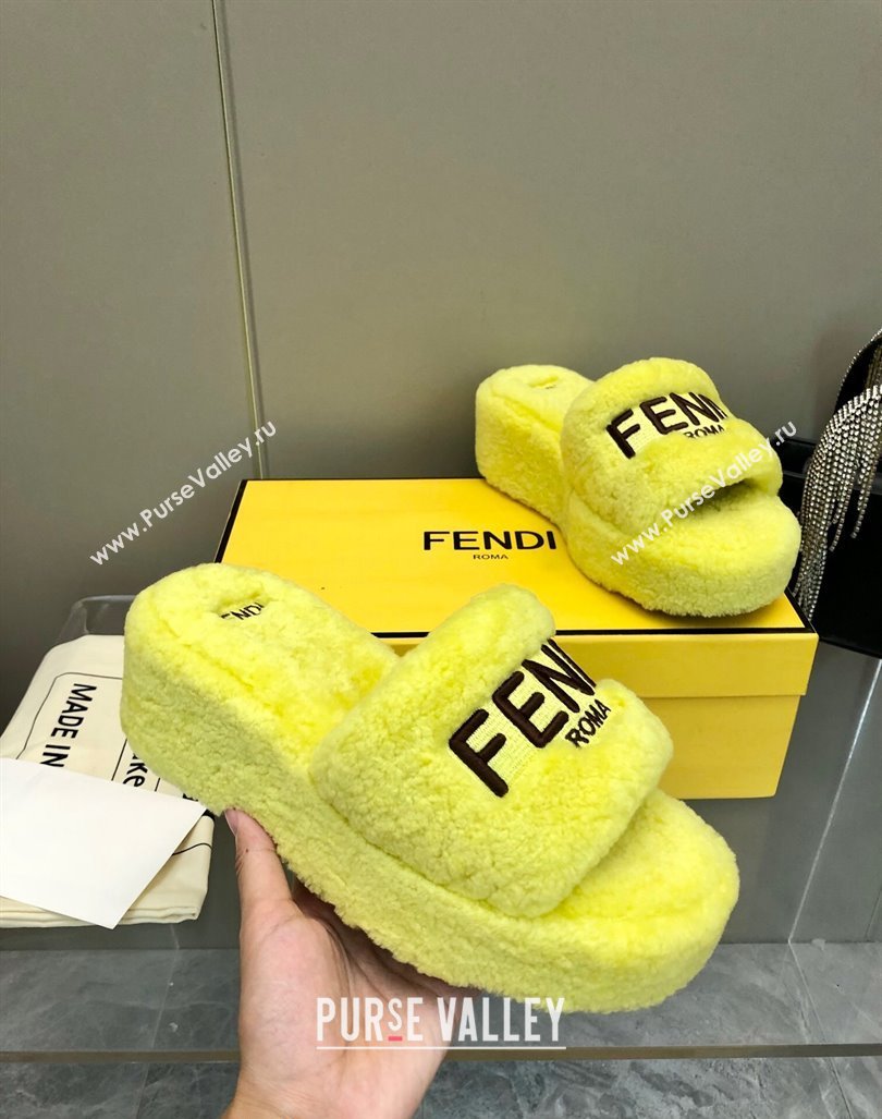 Fendi Sunshine Wedge Slides Sandal 6cm in Shearling Yellow 2024 0930 (MD-240930124)