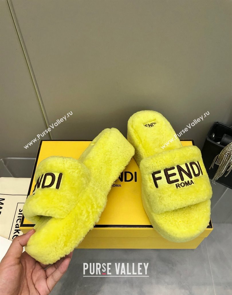 Fendi Sunshine Wedge Slides Sandal 6cm in Shearling Yellow 2024 0930 (MD-240930124)