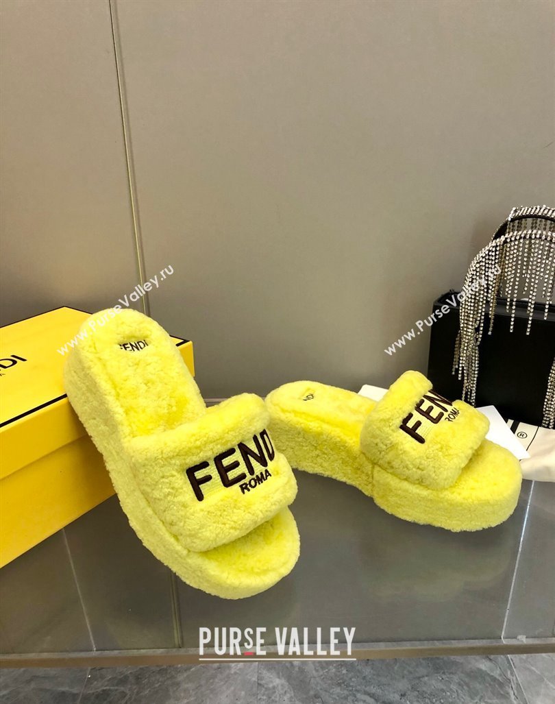 Fendi Sunshine Wedge Slides Sandal 6cm in Shearling Yellow 2024 0930 (MD-240930124)