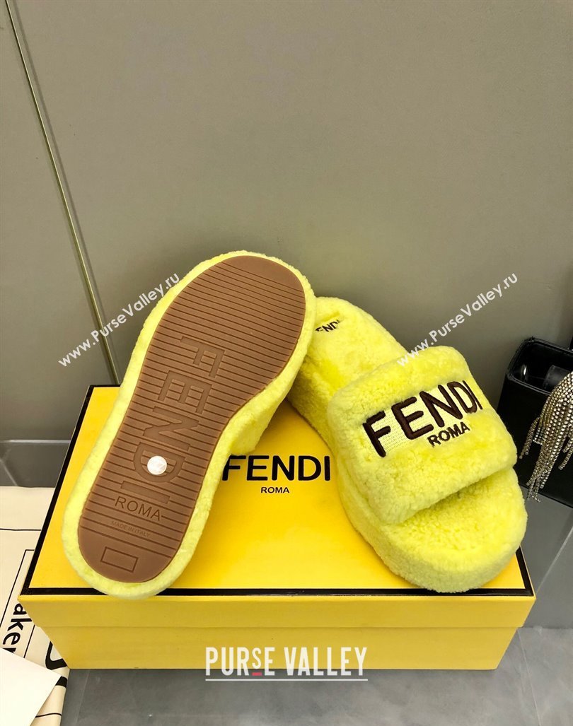 Fendi Sunshine Wedge Slides Sandal 6cm in Shearling Yellow 2024 0930 (MD-240930124)