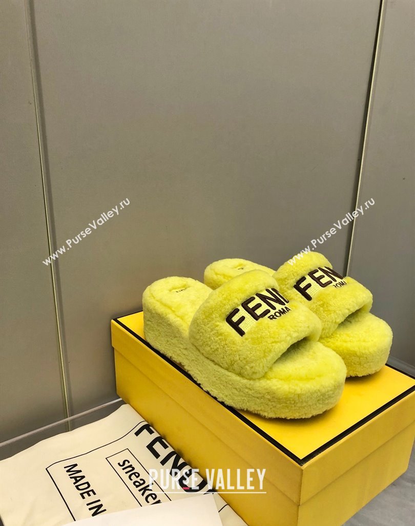 Fendi Sunshine Wedge Slides Sandal 6cm in Shearling Yellow 2024 0930 (MD-240930124)