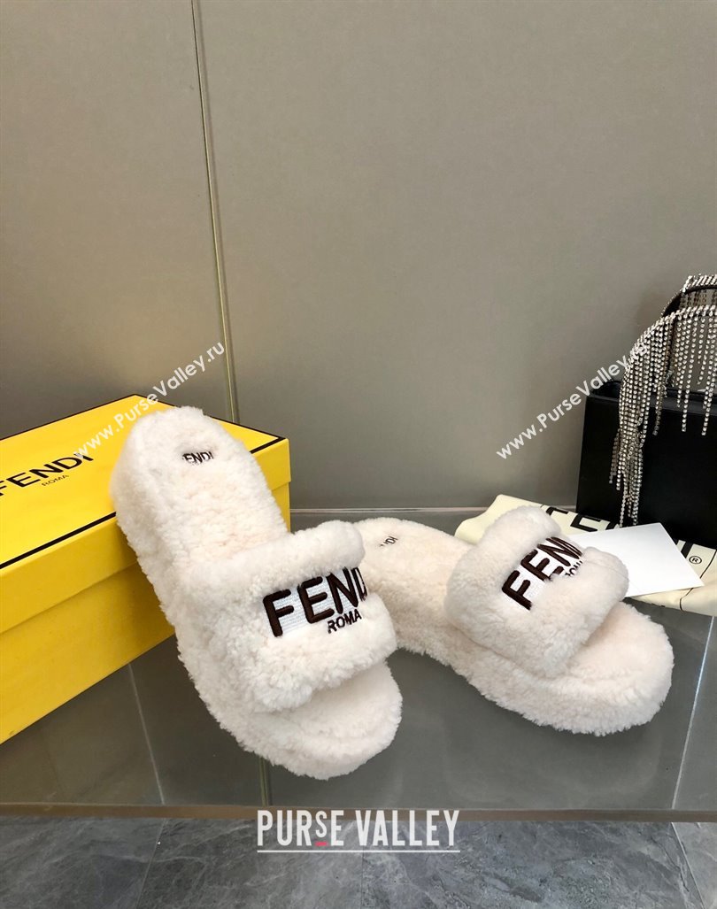 Fendi Sunshine Wedge Slides Sandal 6cm in Shearling White 2024 0930 (MD-240930125)