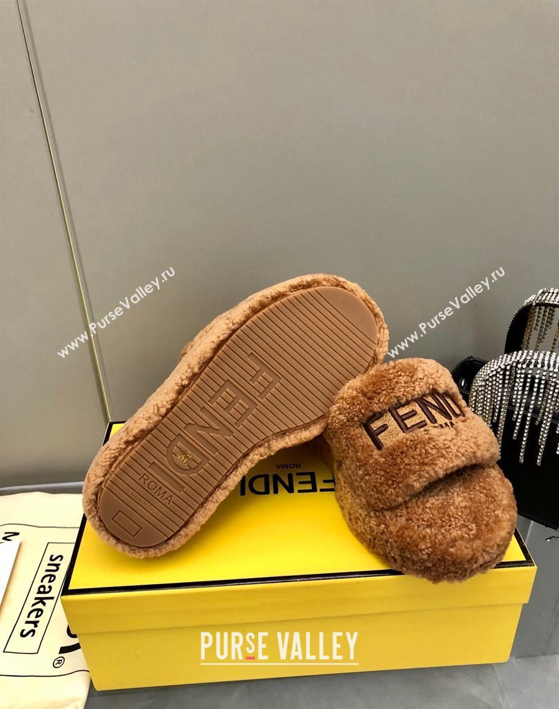 Fendi Sunshine Wedge Slides Sandal 6cm in Shearling Brown 2024 0930 (MD-240930126)