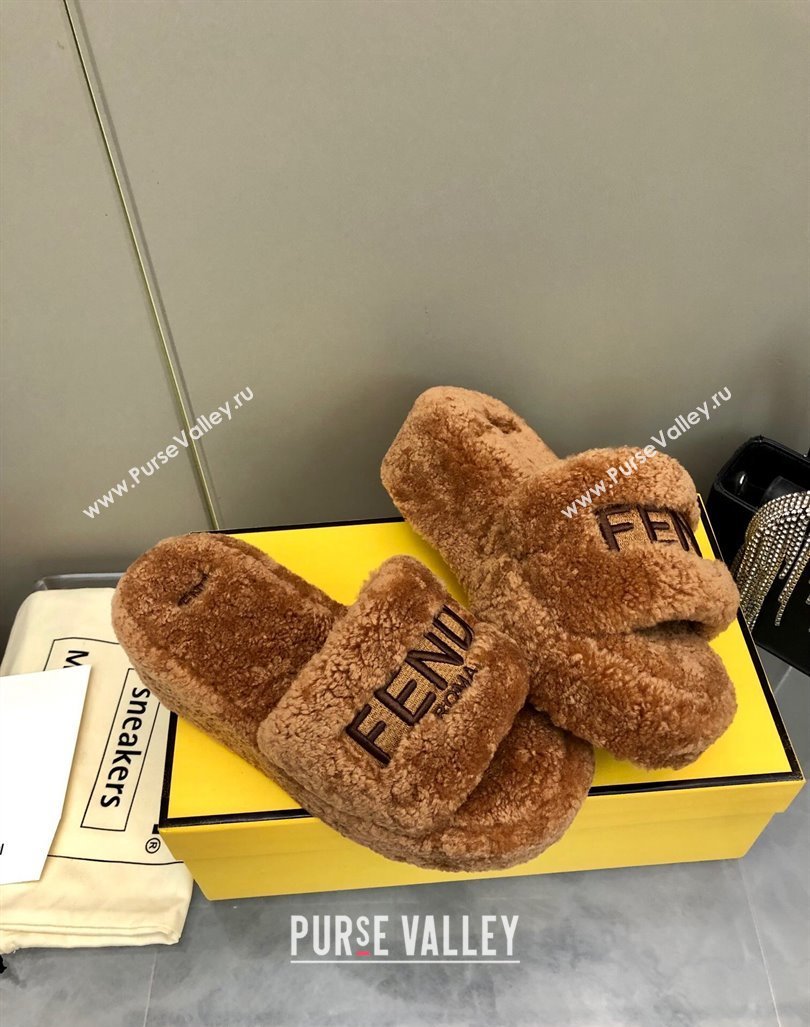 Fendi Sunshine Wedge Slides Sandal 6cm in Shearling Brown 2024 0930 (MD-240930126)