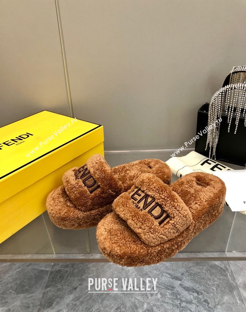Fendi Sunshine Wedge Slides Sandal 6cm in Shearling Brown 2024 0930 (MD-240930126)