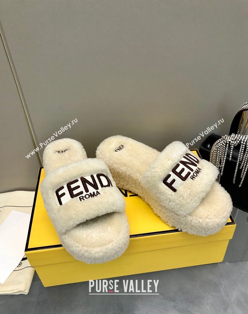 Fendi Sunshine Wedge Slides Sandal 6cm in Shearling Beige 2024 0930 (MD-240930127)