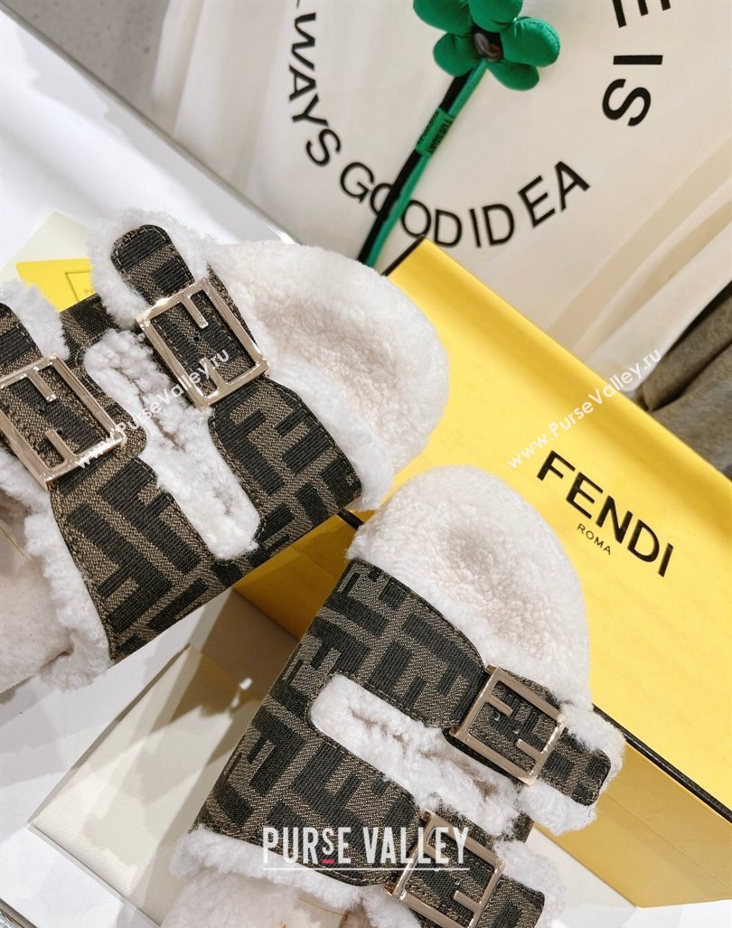 Fendi Feel Flat Slides Sandals in Brown FF Fabric and Shearling 2024 0930 (MD-240930110)