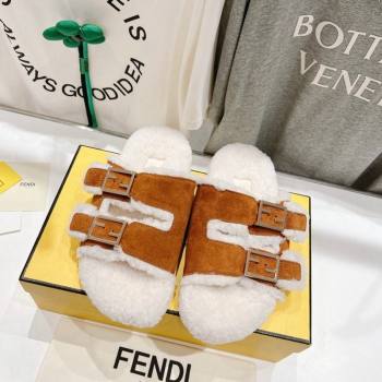 Fendi Feel Flat Slides Sandals in Suede and Shearling Brown 2024 0930 (MD-240930111)