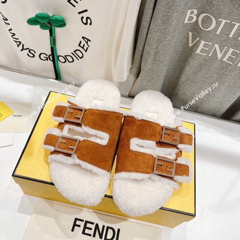 Fendi Feel Flat Slides Sandals in Suede and Shearling Brown 2024 0930 (MD-240930111)