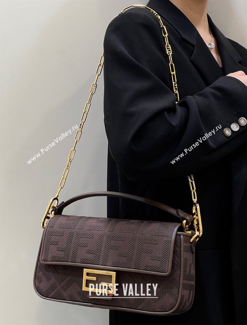 Fendi Baguette Medium Bag in Canvas with FF embroidery Chocolate Brown 2025 0159M (CL-250522020)