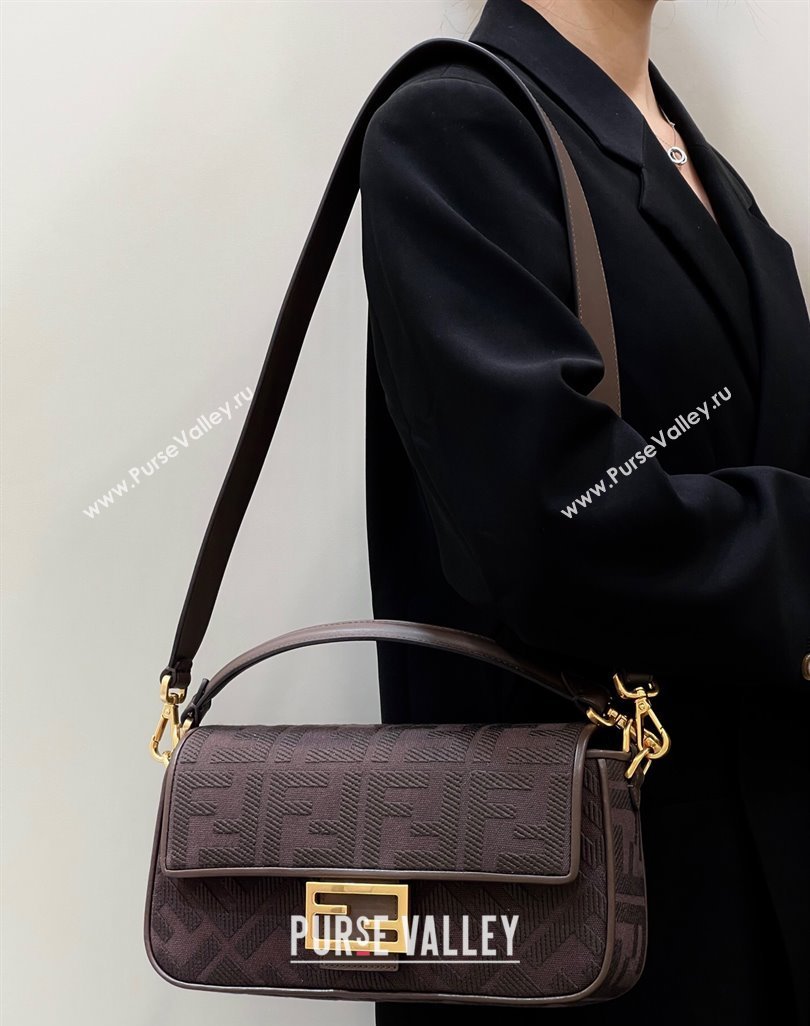 Fendi Baguette Medium Bag in Canvas with FF embroidery Chocolate Brown 2025 0159M (CL-250522020)