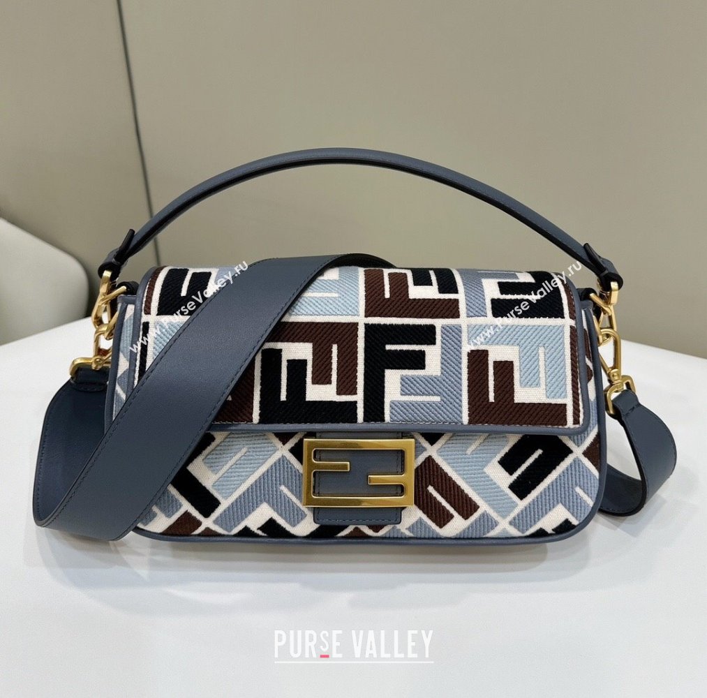 Fendi Baguette Medium Bag in Canvas with FF embroidery Blue/Multicolor 2025 0159M (CL-250522019)