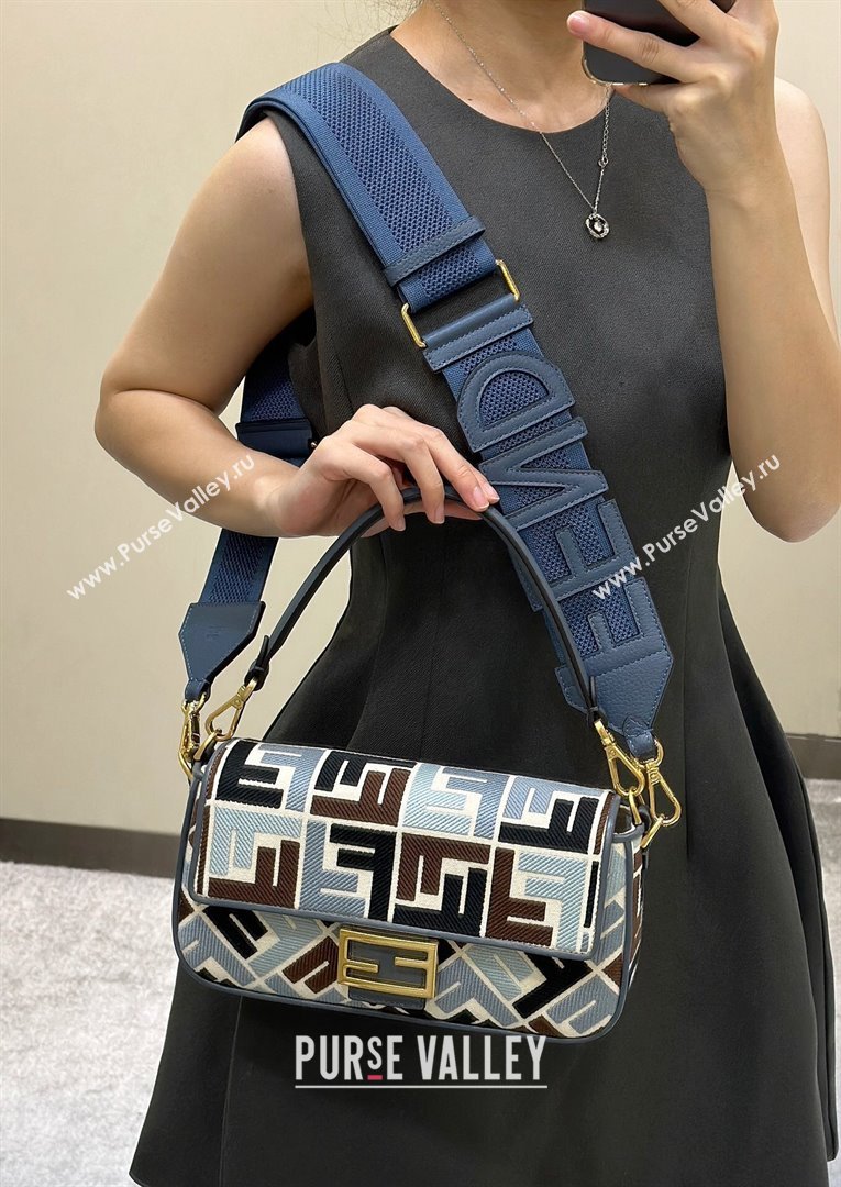 Fendi Baguette Medium Bag in Canvas with FF embroidery Blue/Multicolor 2025 0159M (CL-250522019)