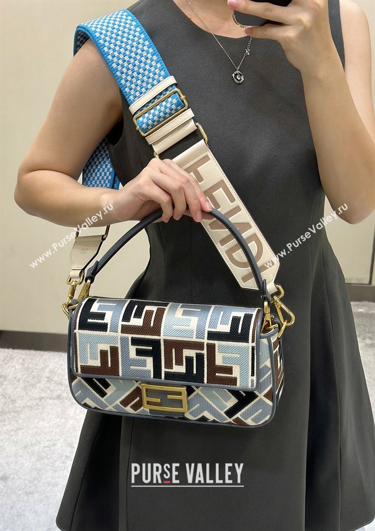 Fendi Baguette Medium Bag in Canvas with FF embroidery Blue/Multicolor 2025 0159M (CL-250522019)