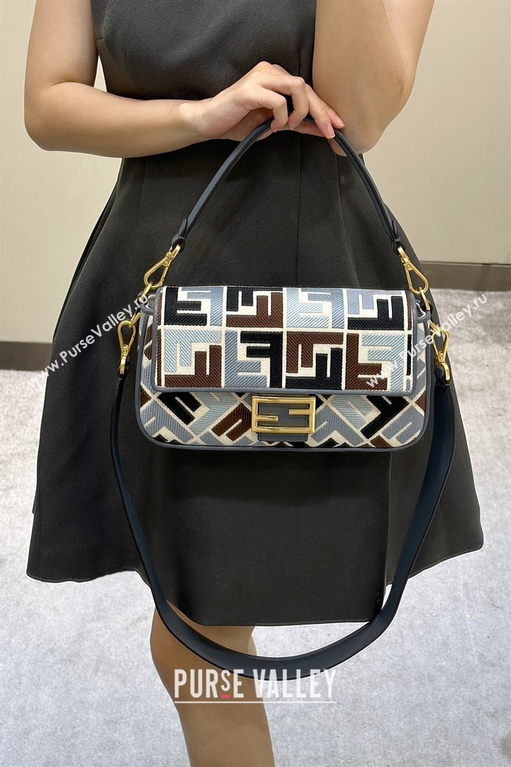 Fendi Baguette Medium Bag in Canvas with FF embroidery Blue/Multicolor 2025 0159M (CL-250522019)