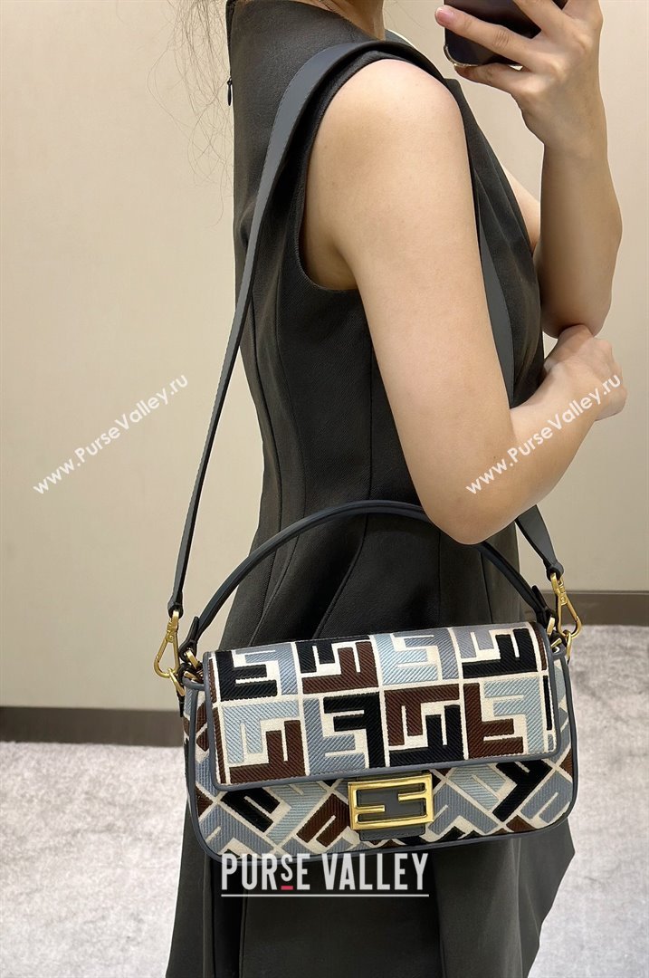 Fendi Baguette Medium Bag in Canvas with FF embroidery Blue/Multicolor 2025 0159M (CL-250522019)