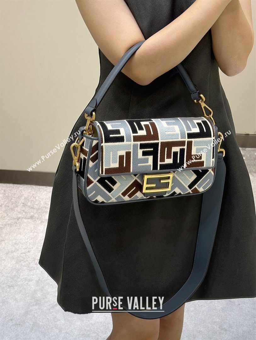 Fendi Baguette Medium Bag in Canvas with FF embroidery Blue/Multicolor 2025 0159M (CL-250522019)