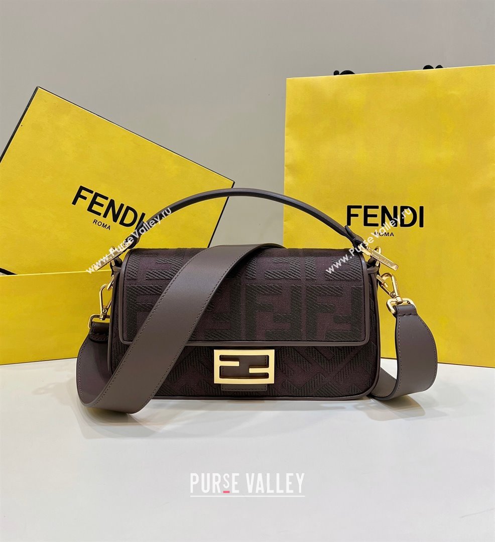 Fendi Baguette Medium Bag in Canvas with FF embroidery Chocolate Brown 2025 0159M (CL-250522020)