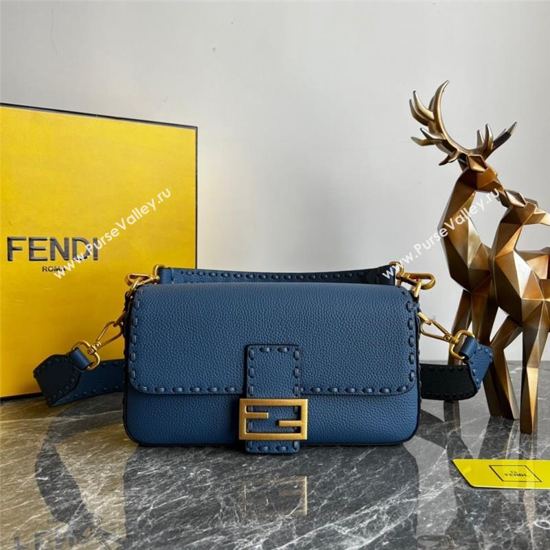 Fendi Baguette Medium Bag in Grained Calfskin with oversize topstitching Blue 2023 (AF-231021066)