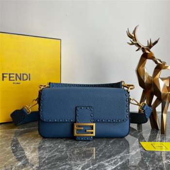 Fendi Baguette Medium Bag in Grained Calfskin with oversize topstitching Blue 2023 (AF-231021066)