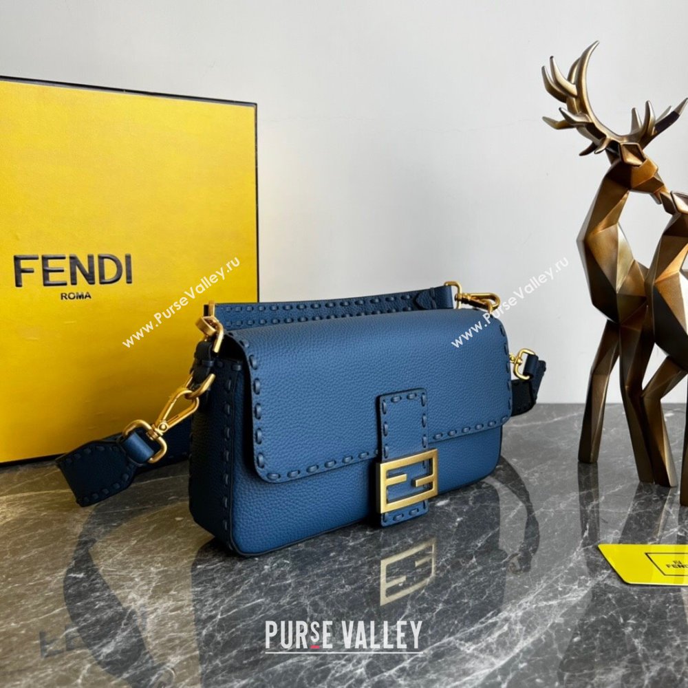 Fendi Baguette Medium Bag in Grained Calfskin with oversize topstitching Blue 2023 (AF-231021066)