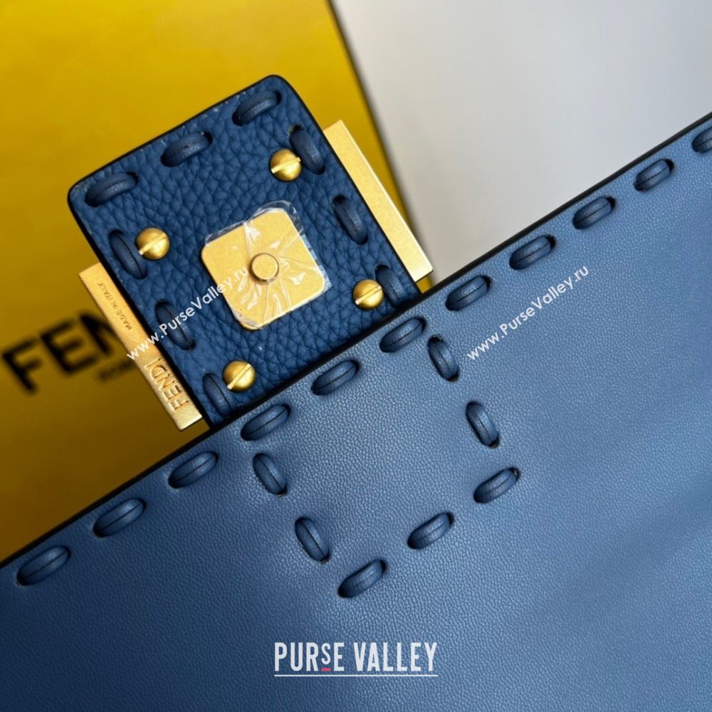 Fendi Baguette Medium Bag in Grained Calfskin with oversize topstitching Blue 2023 (AF-231021066)