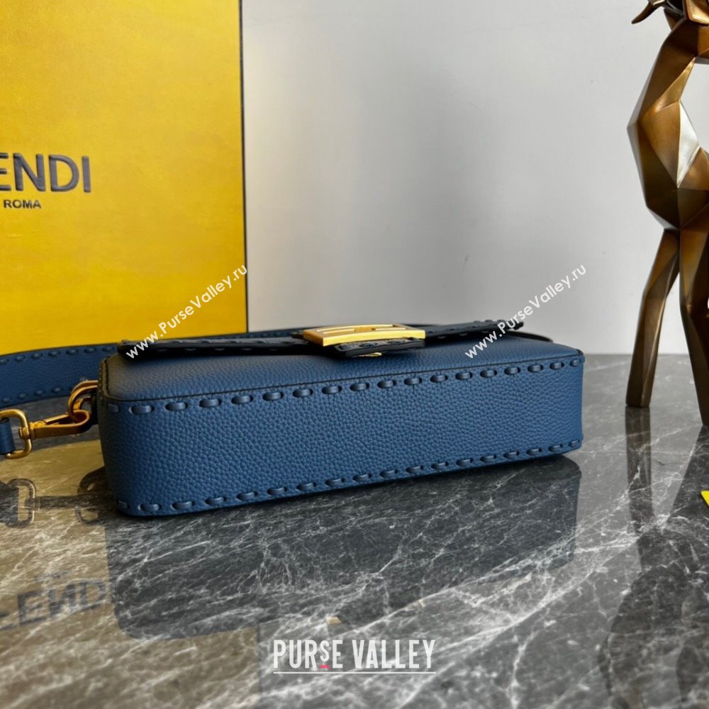 Fendi Baguette Medium Bag in Grained Calfskin with oversize topstitching Blue 2023 (AF-231021066)