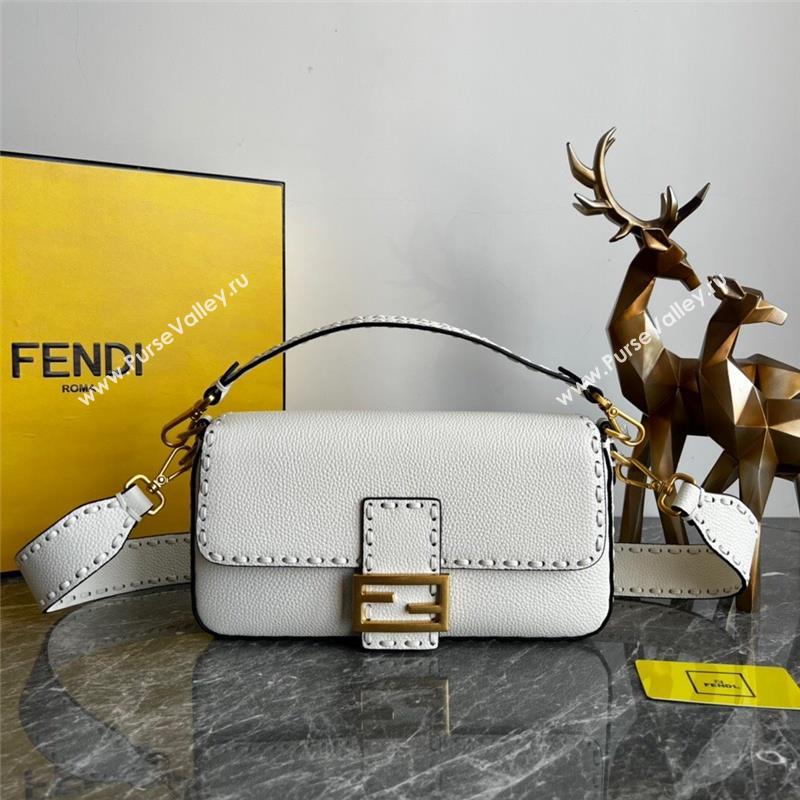 Fendi Baguette Medium Bag in Grained Calfskin with oversize topstitching White 2023 (AF-231021065)