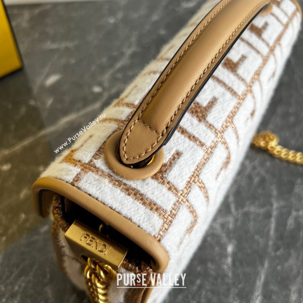 Fendi Baguette Chain Midi Bag in Raffia Straw with white tapestry fabric FF motif 2023 (AF-231115044)